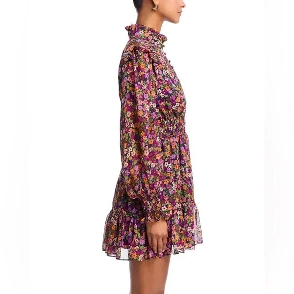 Aqua Multicolor Floral Long Sleeve Ruffled Mini Smocked Dress Exclusive Small - Picture 3 of 11